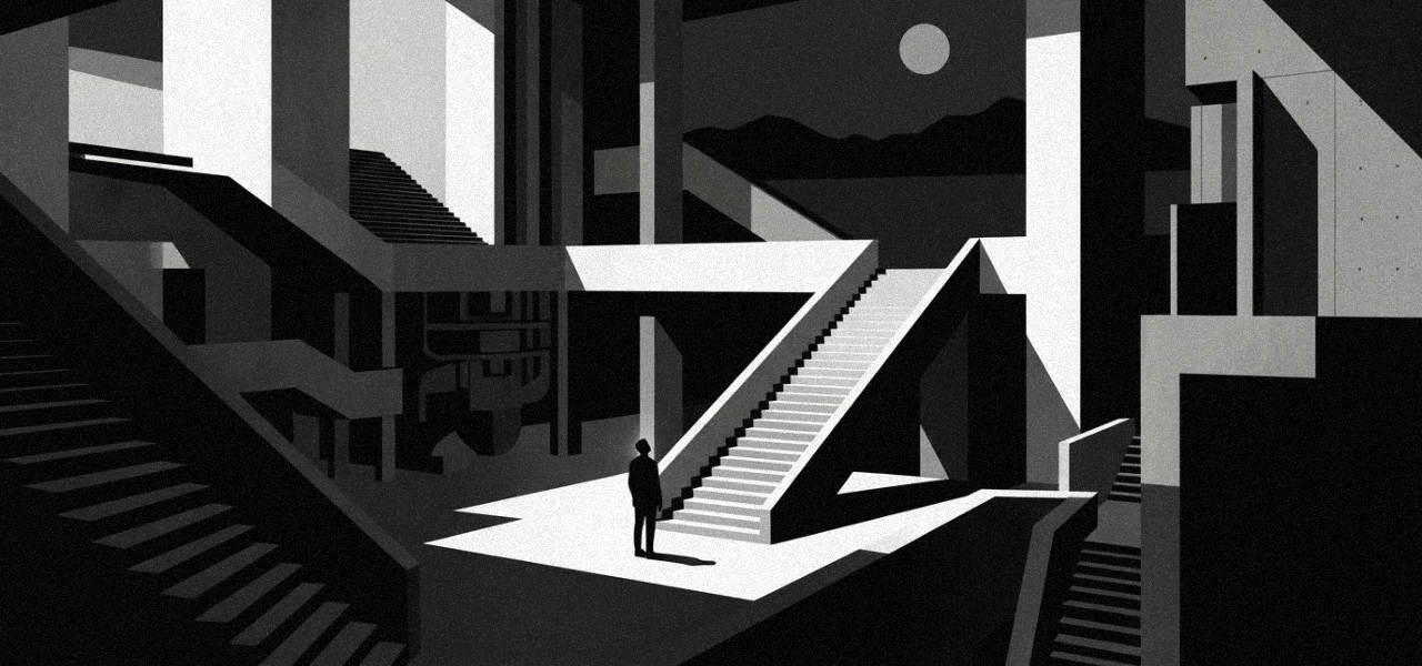 A monumental concrete structure with multiple staircases and supporting architecture, where a single illuminated path guides the viewer through hidden complexity.