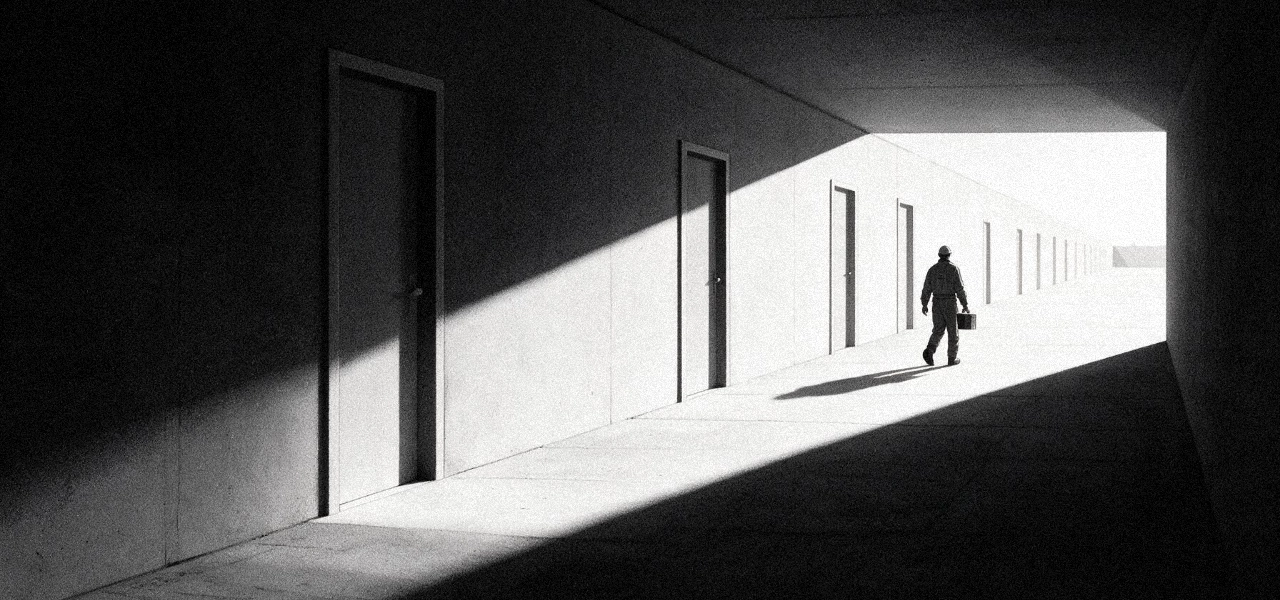 Editorial illustration of a long corridor with repeating doors and a lone maintenance worker walking into the distance.