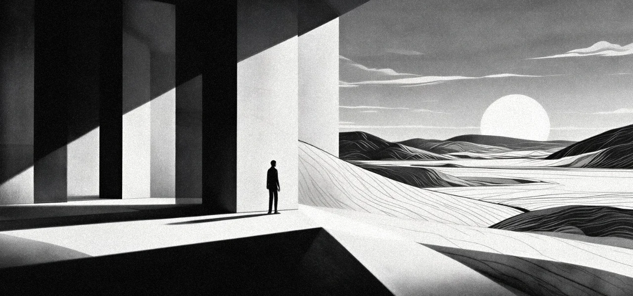 Editorial illustration of a lone figure looking out from a minimalist architectural space toward an open landscape, symbolising clarity and informed decision-making.
