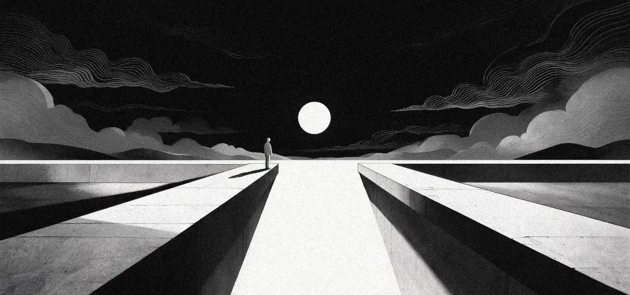 Editorial illustration of a lone figure paused before a gap in an otherwise continuous path, symbolising uncertainty.
