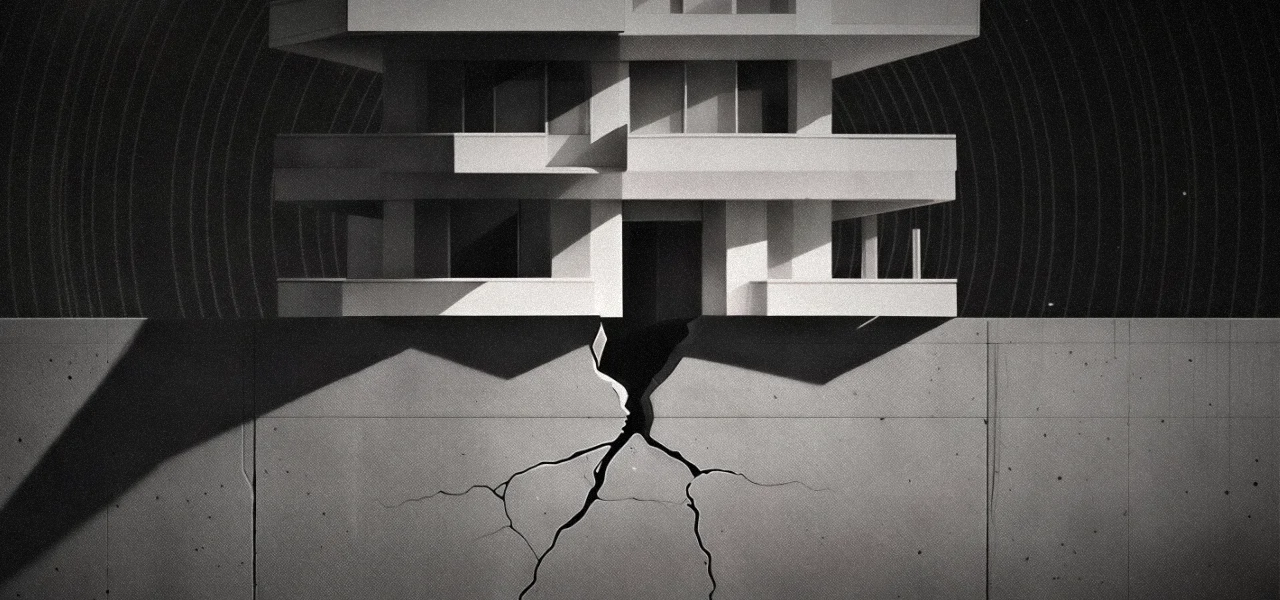 Editorial illustration of a multi-storey building standing on a cracked foundation, symbolising the hidden consequences of unresolved strategic decisions.
