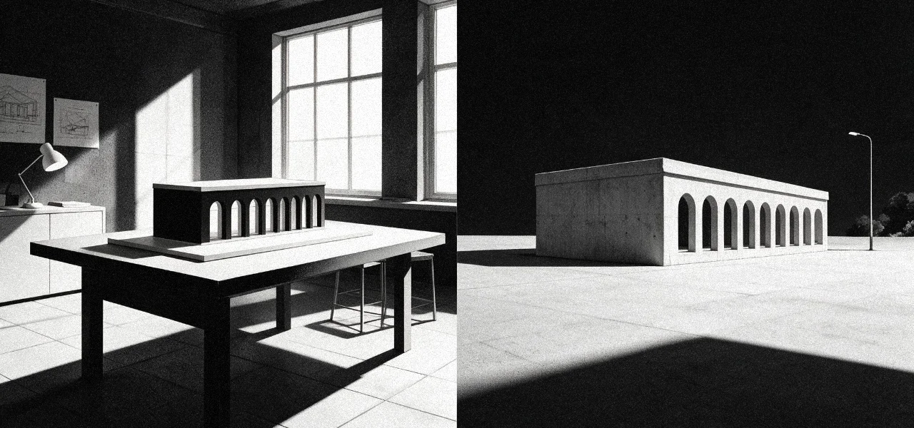Editorial illustration comparing an architectural model with the completed building beside it.
