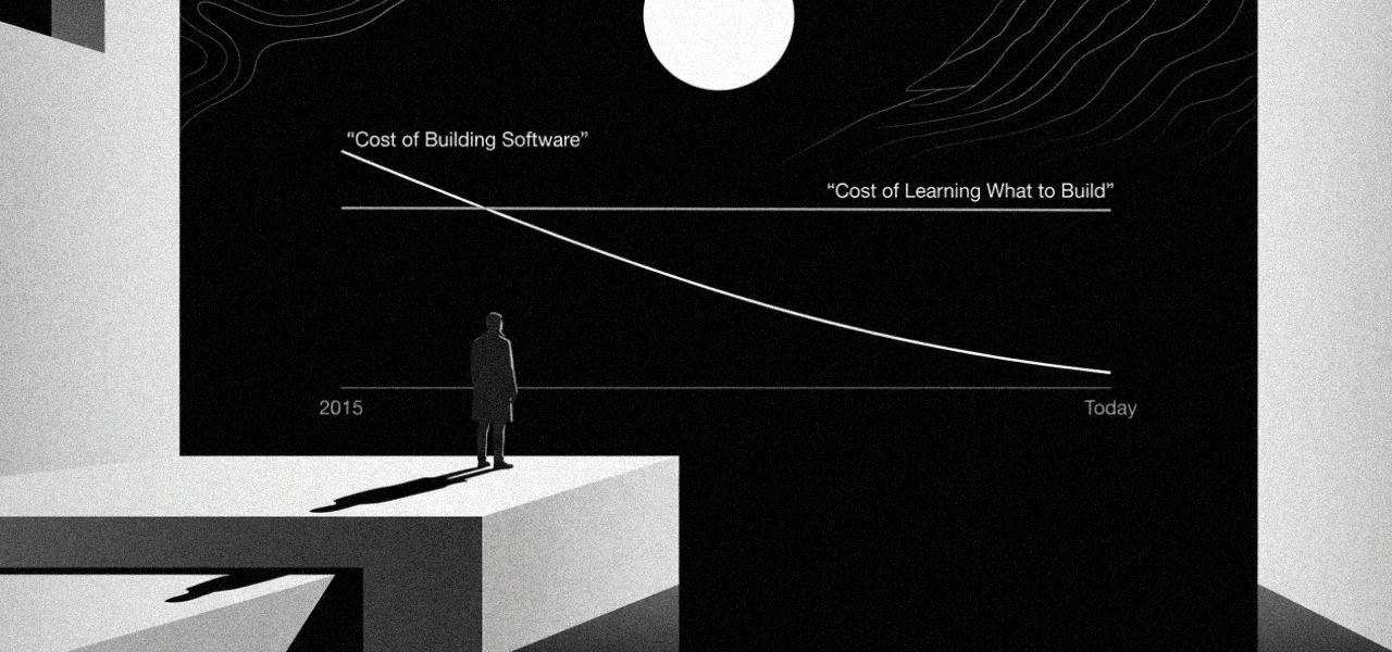 Editorial illustration showing a lone figure observing a graph where the cost of building software declines from 2015 to today while the cost of learning what to build remains unchanged.